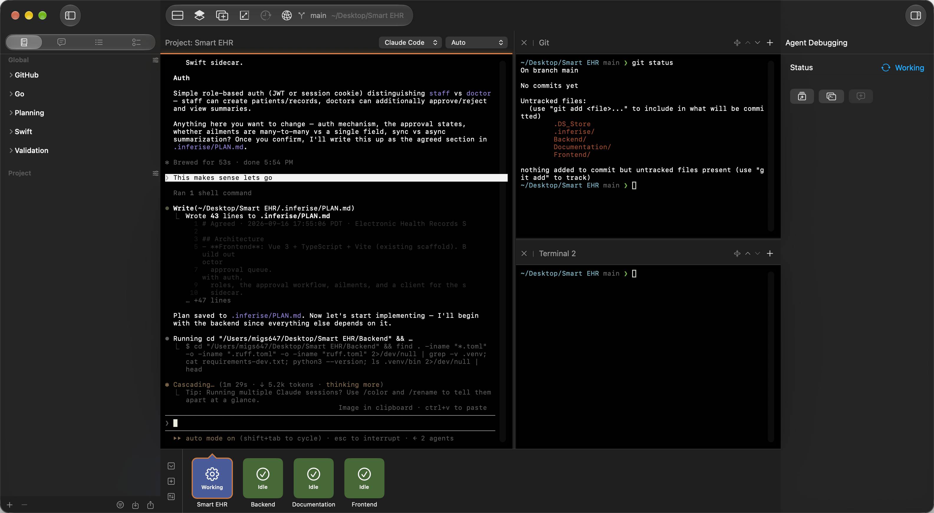 Inferise Code multi-agent workspace in dark mode showing Claude Code auto-mode session and Project Status Ribbon