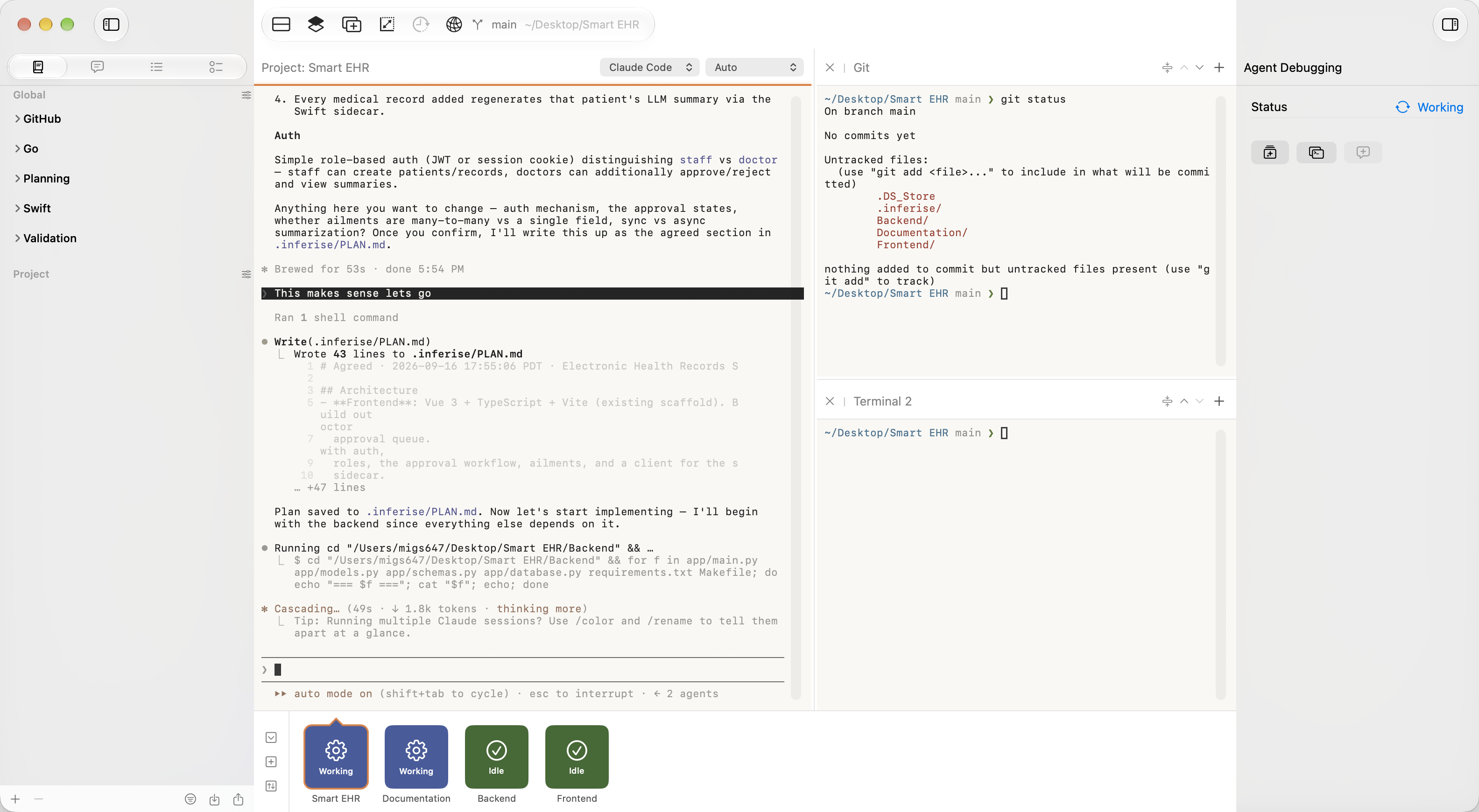 Inferise Code multi-agent workspace in light mode showing Claude Code auto-mode session and Project Status Ribbon